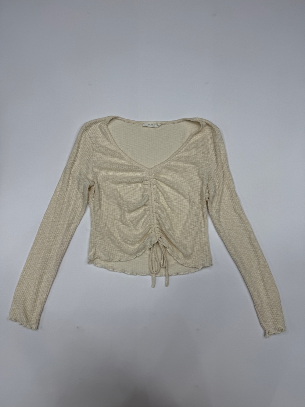 Lush Ribbed Ruched Front Long Sleeve Crop Top Cream Large